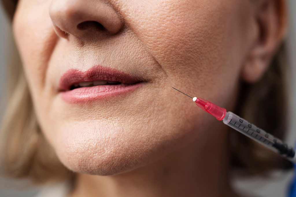 close-up-smiley-woman-with-hyaluronic-acid-injection Woman at Omnia Integrative Health & MedSpa in West Lawn, PA