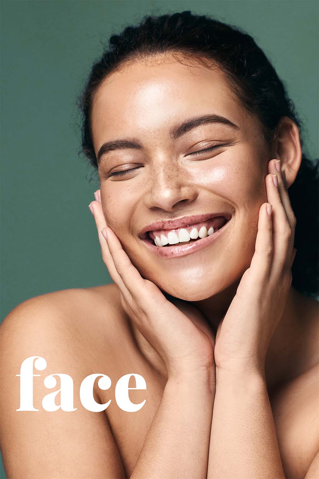 face Happy woman touches her face after getting face treatments at Omnia Integrative Health & MedSpa